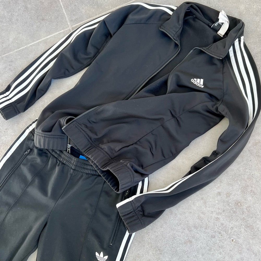 Womens Adidas Track Suit Black with White Stripes Jacket Small Pants 4
